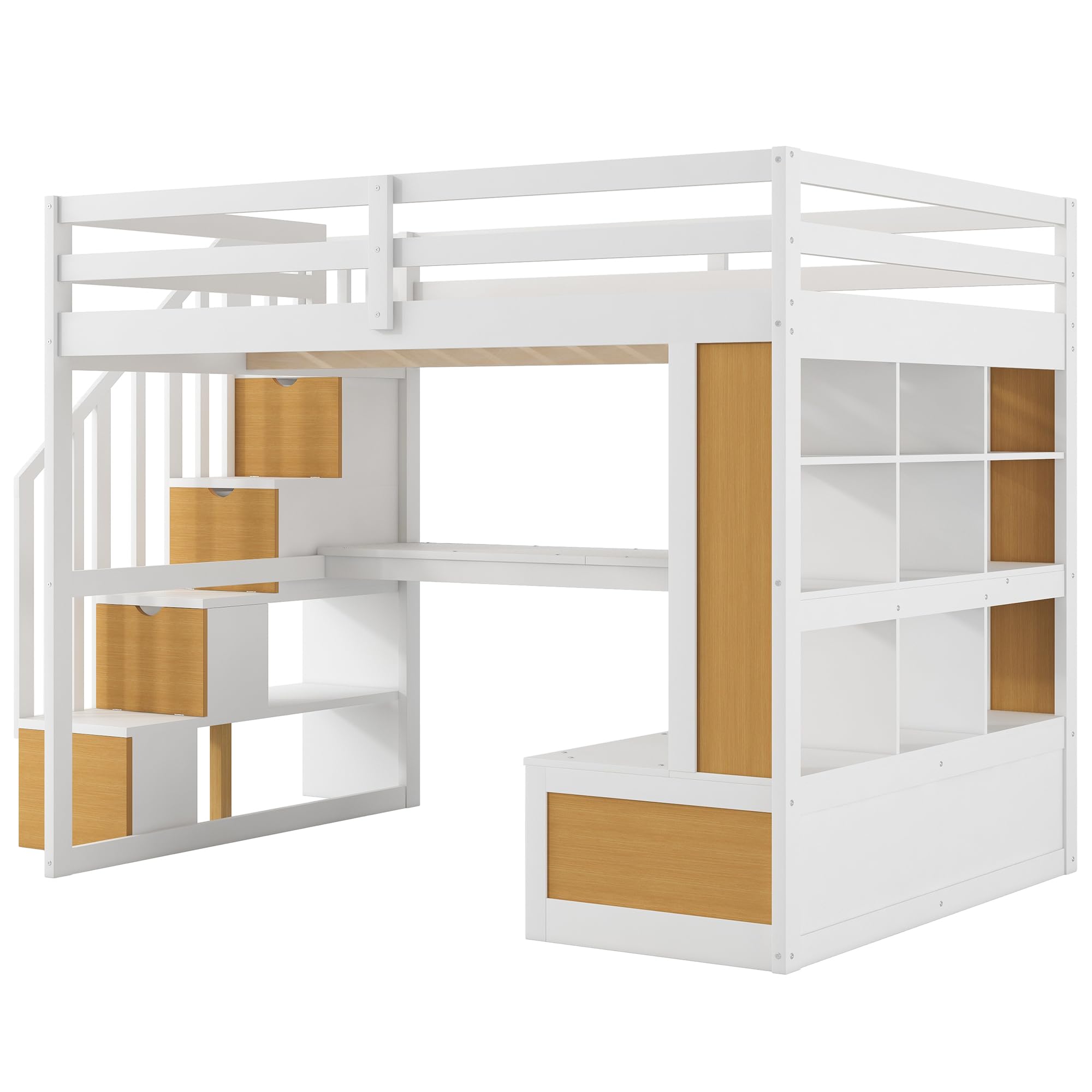 Urunqi Full Size Loft Bed with Desk and Storage Stairs, Wood Loft Bed Full with Shelves & Storage Drawers,Full Loft Bed with Desk Underneath for Kids Teens Boys Girls (White+Natural-191)