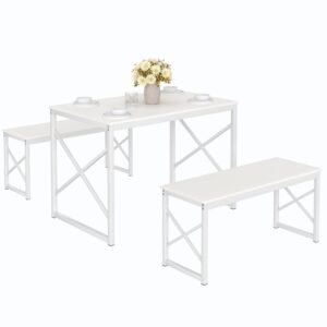 VECELO Kitchen Dining Table Set for 4, 43.3" Wood Rectangle Dinette with 2 Benches, Heavy-Duty Metal Frame for Small Space, Breakfast Nook, White