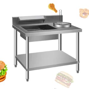 fried chicken breading table, stainless steel breading table, commercial food kitchen table with containers and baskets, for fried food, chicken thighs, chicken nuggets