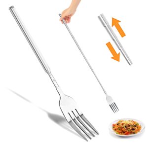 64.6cm extendable fork, stainless steel telescoping retractable fork extending fork long fork, telescopic long handled forks for eating for dinner, fruit, dessert fork 8.6" to 25.4"