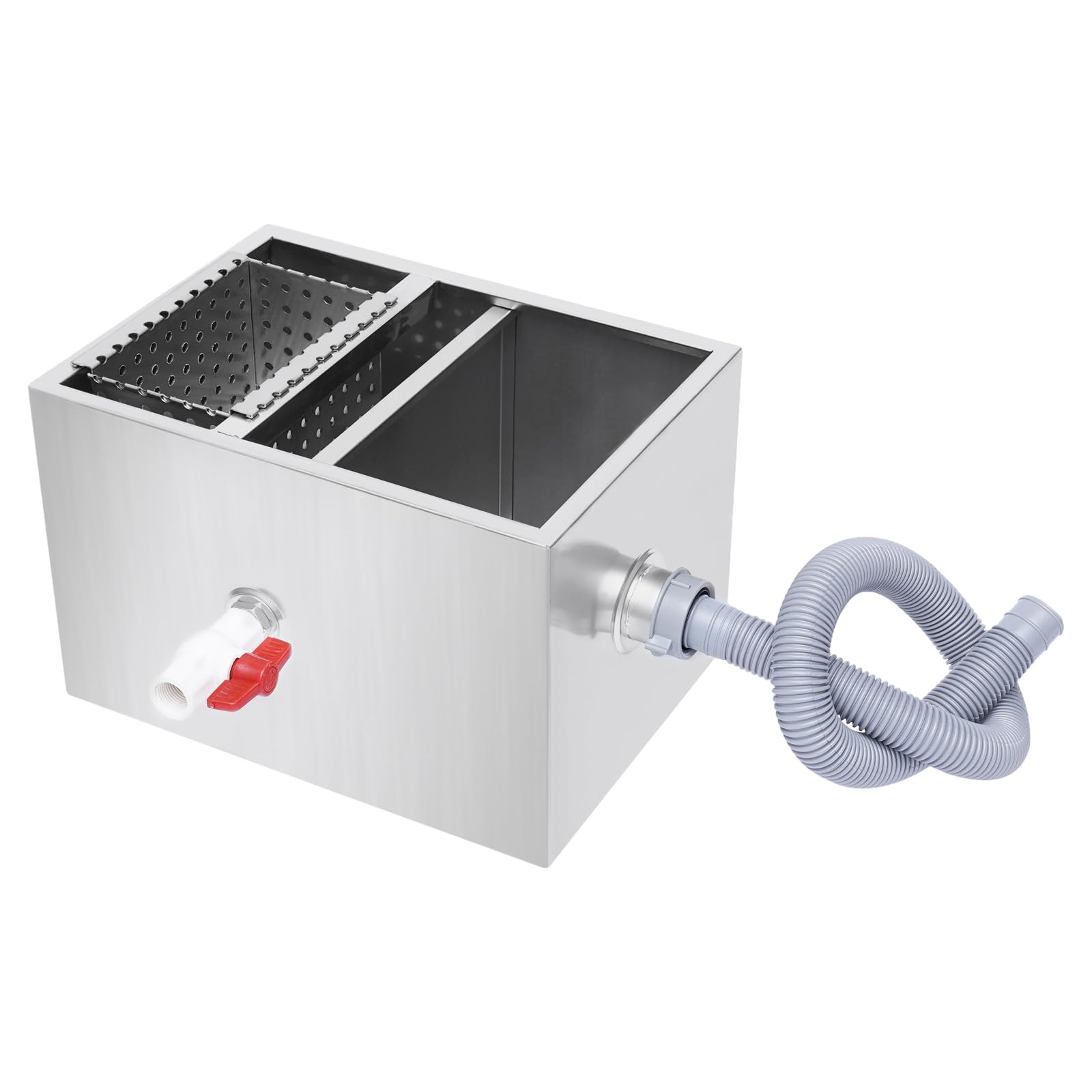 Commercial Grease Trap Interceptor, Under Sink Grease Trap Stainless Steel Interceptor Top Inlet with Drainage Pipe and Lid for Restaurant Home Kitchen Tools, 13.79" x 9.85" x 9.06"(L*W*H)