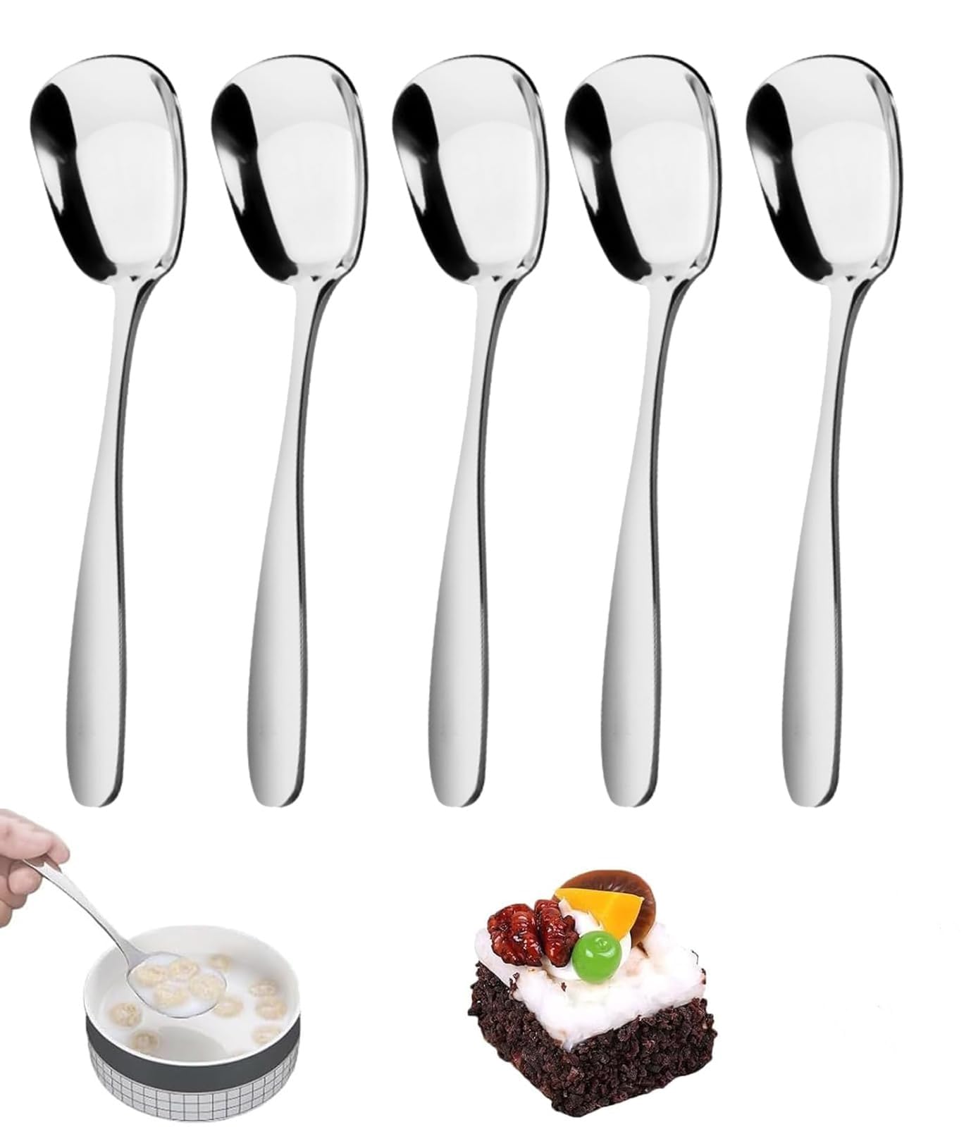 5Pcs Square Head Stainless Steel Spoons, Soup Spoons Stainless Steel, Ice Cream Spoons, Dessert Spoons, Square Head Measuring Spoons for Table Dinner Tea Sugar