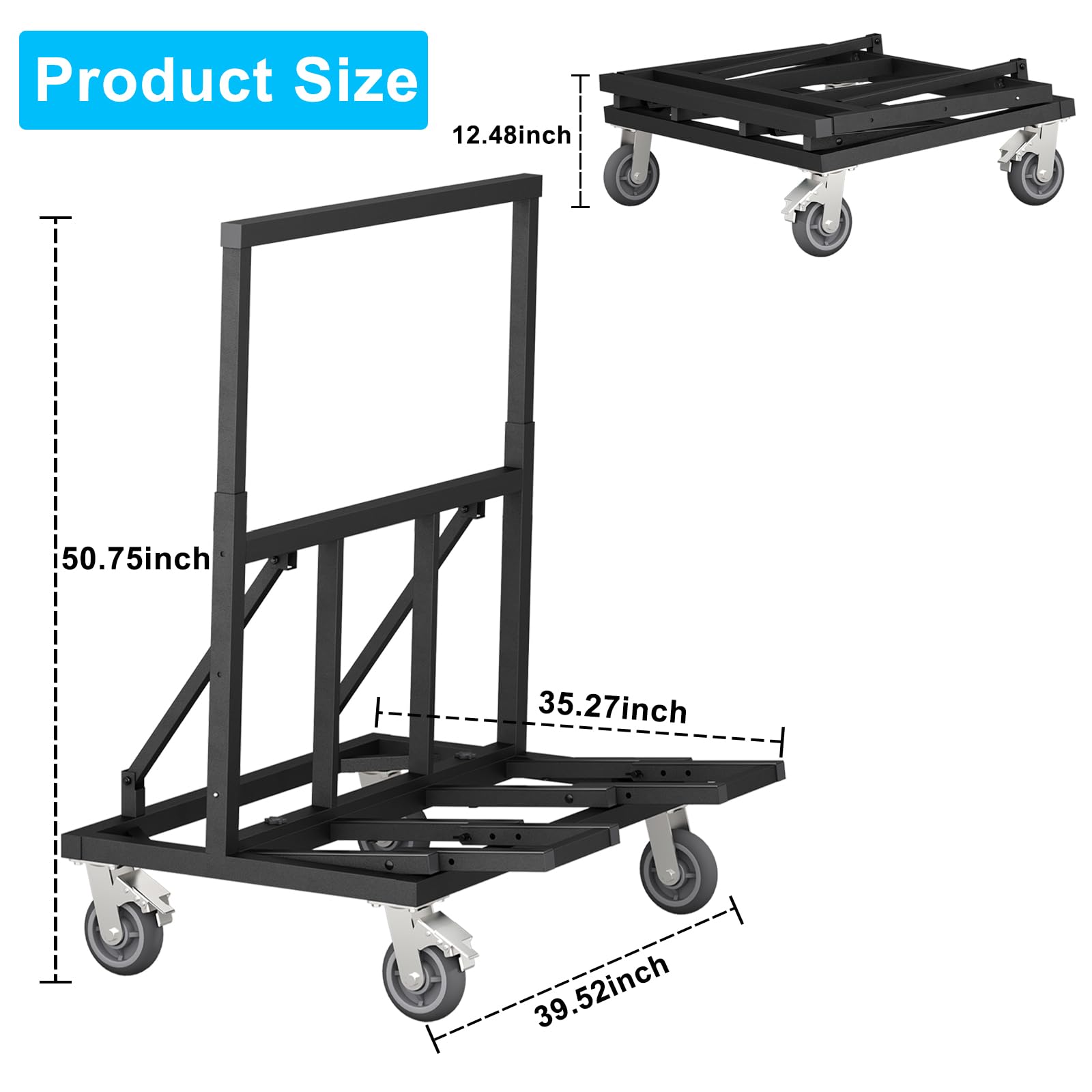 MODCART Folding Drywall Cart, Upgraded Panel Dolly Load 2200 lbs, Heavy Duty Plywood Carts with Slip-proof Rubber Extendable Deck and 4 Swivel Wheels for Handling Wall Panels, Sheetrock, Lumber, Glass