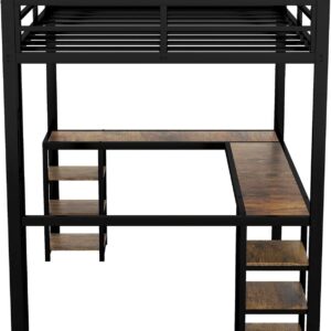 Full Size Loft Bed, Loft Bed with L-Shaped Wooden Desk and Storage Shelves, Metal Loft Bed Frame with Guardrail and Built-in Ladder, for Girls Boys Junior Adults, Space-Saving Design, Black and Brown