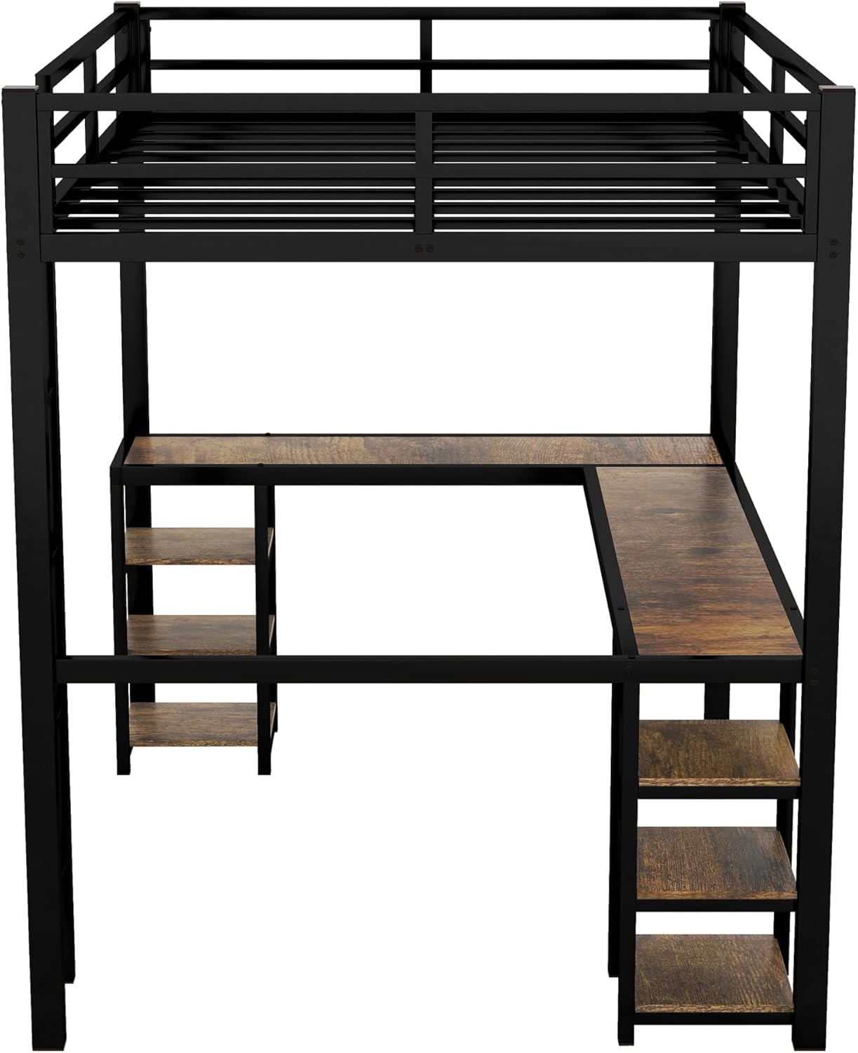 Full Size Loft Bed, Loft Bed with L-Shaped Wooden Desk and Storage Shelves, Metal Loft Bed Frame with Guardrail and Built-in Ladder, for Girls Boys Junior Adults, Space-Saving Design, Black and Brown