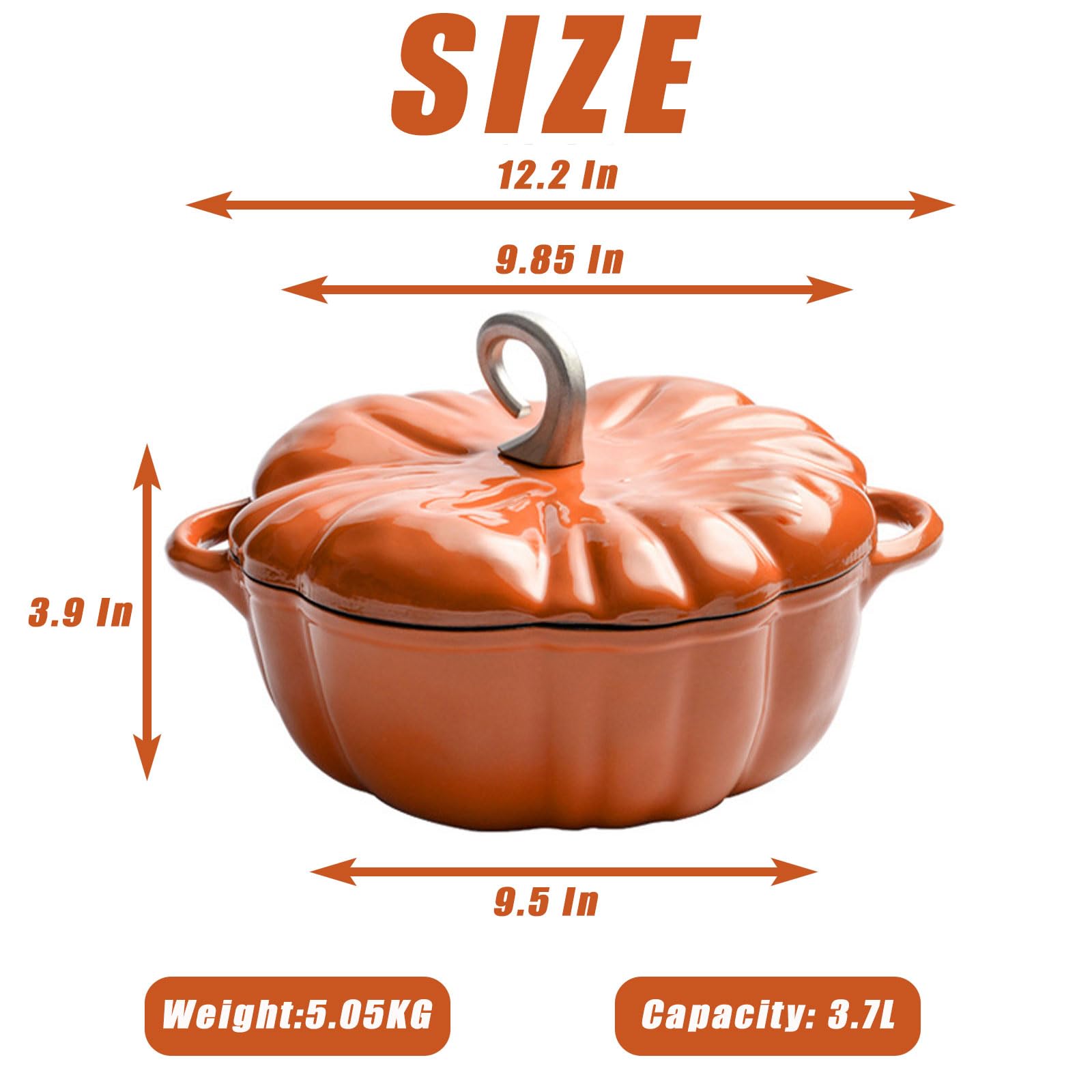 Pumpkin Dutch Oven, Enameled Cast Iron Pumpkin-Shaped Pot with Lid, Double Handle for Cooking, Marinating, Refrigerating, Baking, Safe for All Stovetops, 3.9-Quart (Yellow)