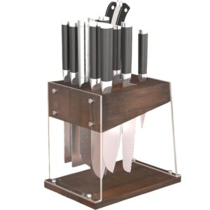 universal knife block with acrylic shield, acacia wood knife holder without knives for scissors and various knives suitable for kitchen countertops