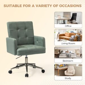 HULALA HOME Faux Leather Office Chair with Mid Back Support & Armrests, Mid Century Modern Tufted Home Desk Chair, Height-Adjustable Swivel Computer Task Chair for Study Bedroom Living Room, Sage