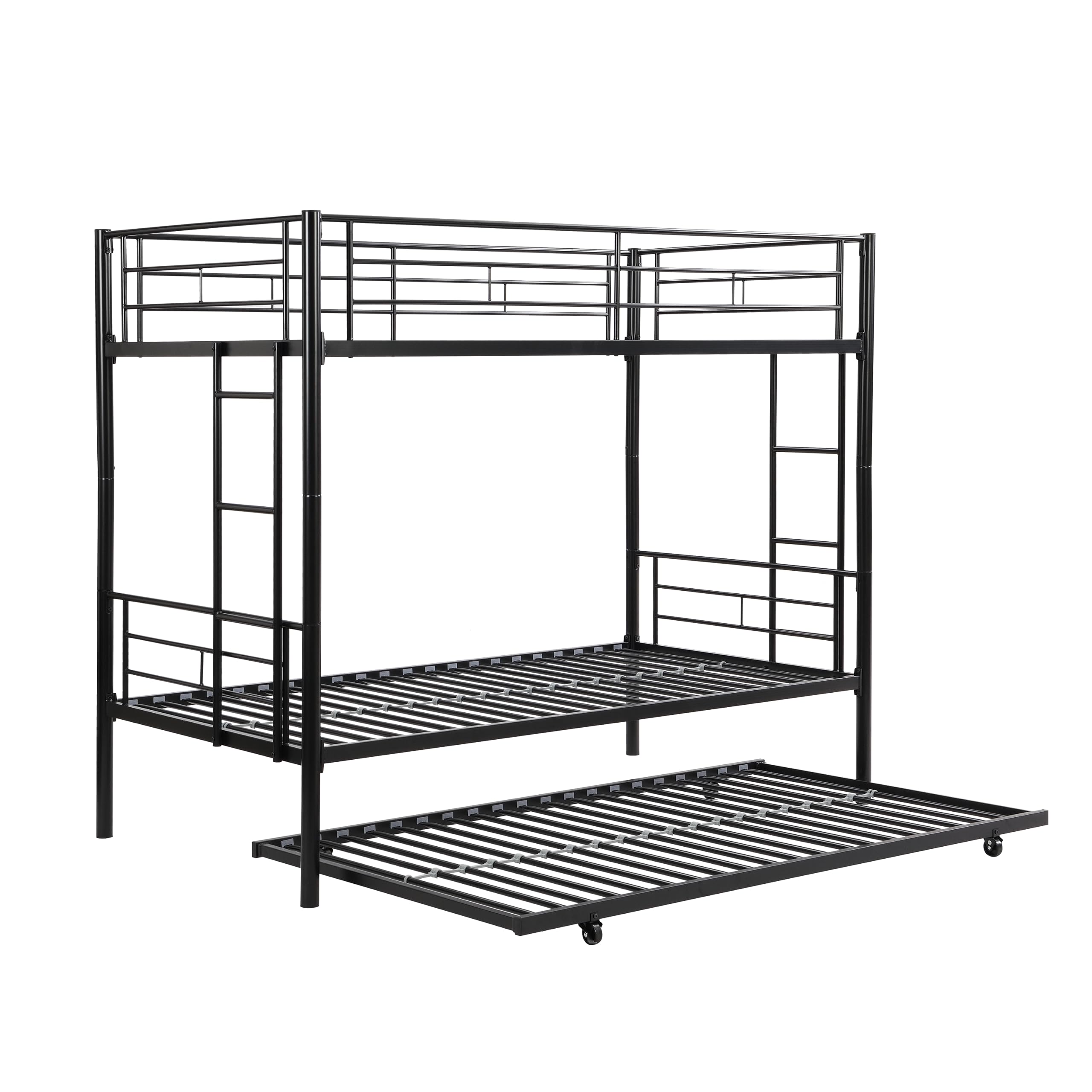 UOCFYK Twin Over Twin Metal Bunk Bed with Trundle,Twin Metal Bed Frame with 2 Ladder and Guardrails&Convertible Bunkbeds for Boys/Girls,Space Saving Design,No Spring Box Required,Black