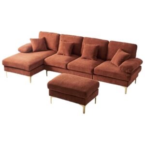 OUYESSIR 110" U Shaped Sectional Sofa Couch for Living Room, 4 Seater Sofa Convertible L-Shaped Chenille Couch Set with Chaise Lounge, Ottoman and Pillows, Orange