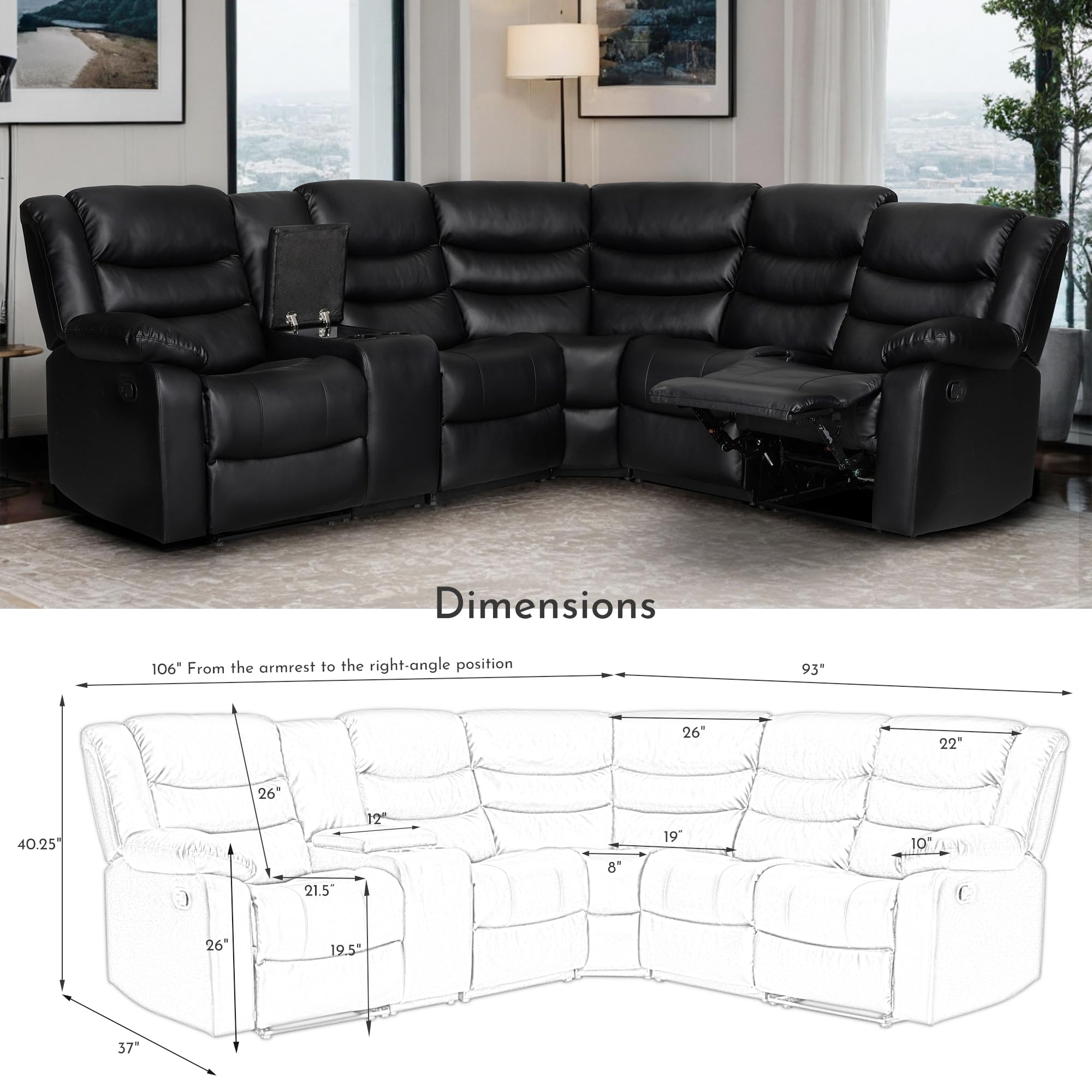 Recliner Sectional Sofa, Faux Leather Manual Reclining Sectional Couch, Modular Livingroom Furniture Sets with 1 Storage Console & 2 Cup Holders (Black)