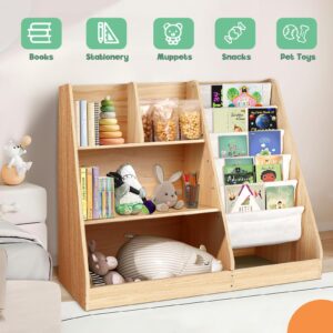 3 Tier Wooden Bookshelf for Kids: Five Layer Sling Children Bookcase - Toddler Book Toy Organizer Cabinet Chest for Playroom Nursery Classroom Library