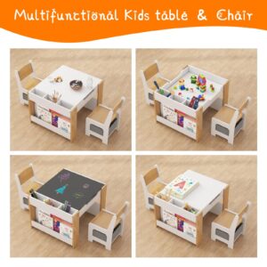 Kids Table and Chair Set, 4 in 1 Wooden Activity Table & 2 Chairs with Storage Drawer Detachable Tabletop for Toddlers Kids Drawing, Reading, Crafts, Art,Homework, Nursery, Playroom