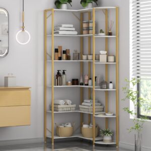 Loomie Gold Corner Shelf, 6-Tier 70.87" H Corner Bookcase, Tall Modern Corner Bookshelf Storage Display Rack, Open Book Case for Home Office & Living Room, Gold Finish Metal Frame & White Shelving