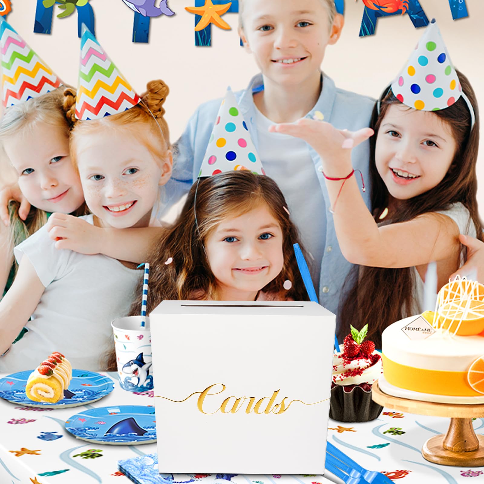 Cayioa Card Box for Party in Gold Foil Embossed Design White Card Box Gift Cards Receiving Box for Birthday Wedding Graduation Card Box