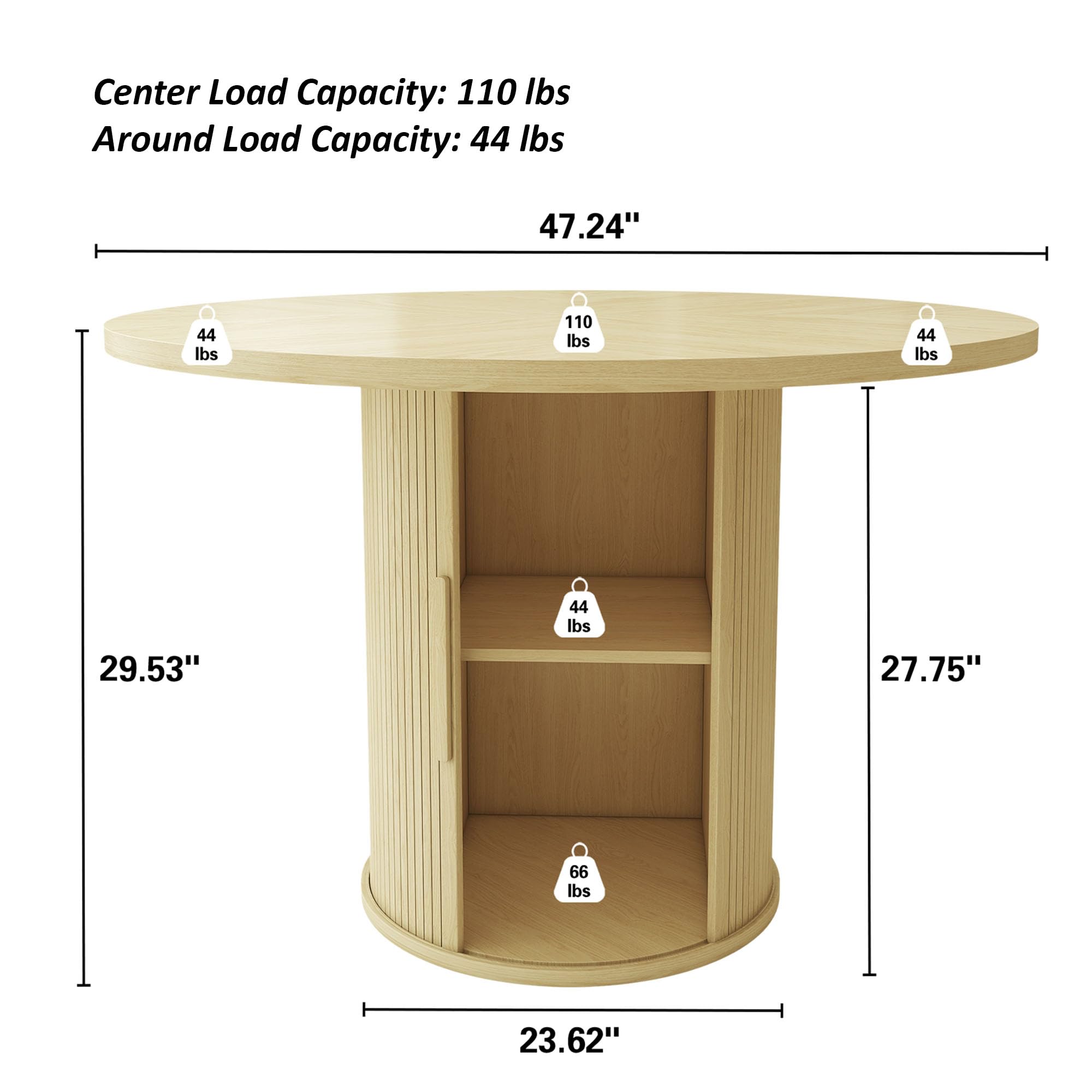 weselon 47 inch Round Dining Table for 4, Kitchen Table Dinner Table with 2-Layer Storage Shelf and Wood Slide Door for Home Dining Room Living Room (Light Oak)