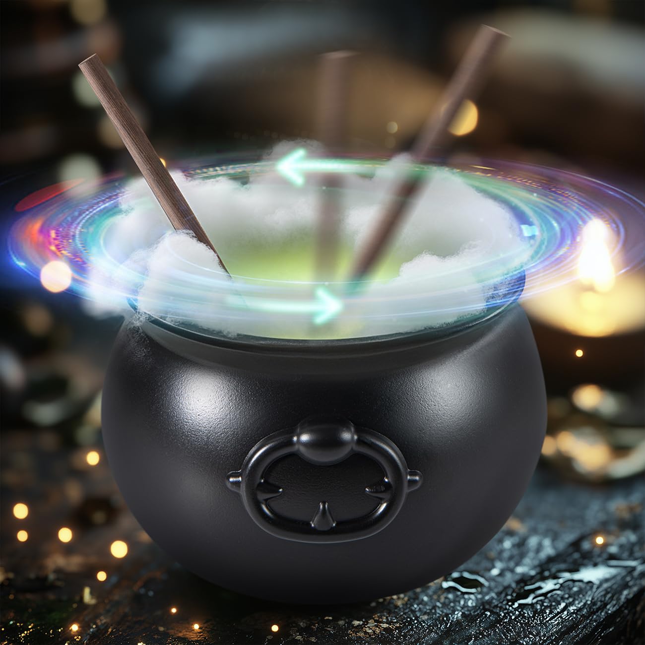 Halloween Decorations Indoor - Magic Auto Stirring Mixing Witches Cauldron Halloween Decor with 4 Light Strings - Black Plastic Witch Bowl Hocus Pocus Party Decoration for Table Home Kitchen Room