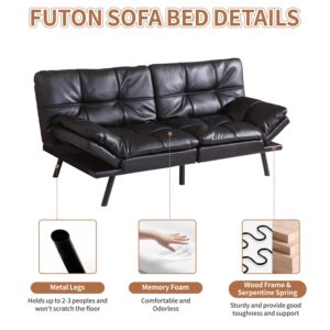 MUUEGM Futon Sofa Bed Small Sofa Futon Couch Loveseat Sleeper Sofa Leather Daybed, 71" Sofabed, 2 Seater Memory Foam Sofa for Small Space, Black