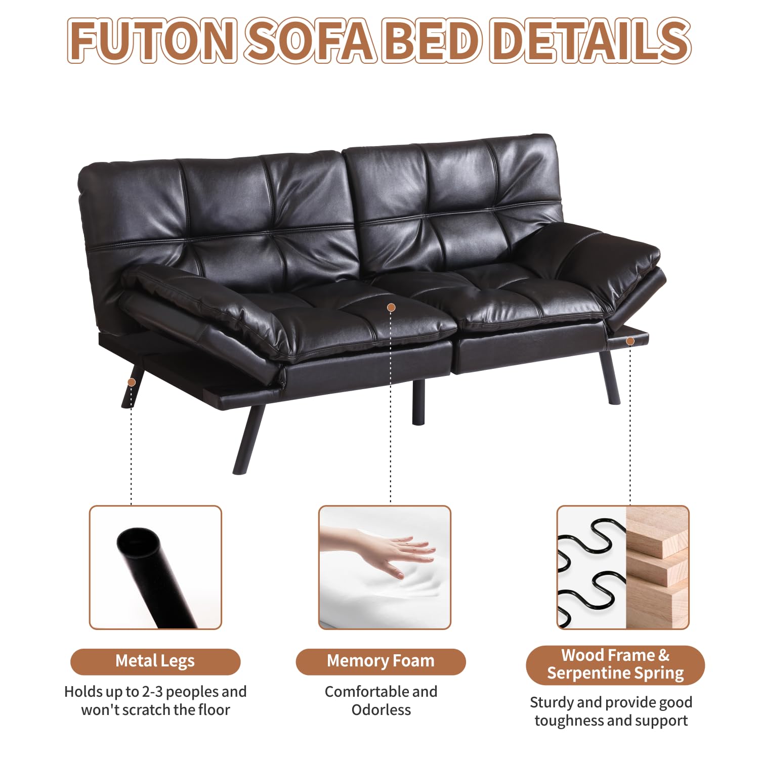 MUUEGM Futon Sofa Bed Small Sofa Futon Couch Loveseat Sleeper Sofa Leather Daybed, 71" Sofabed, 2 Seater Memory Foam Sofa for Small Space, Black