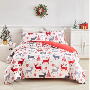 rvciby christmas reindeer duvet cover full size,soft and breathable microfiber xmas trees pattern printed bedding set,3 pieces,1 duvet cover with zipper closure & corner ties and 2 pillow shams