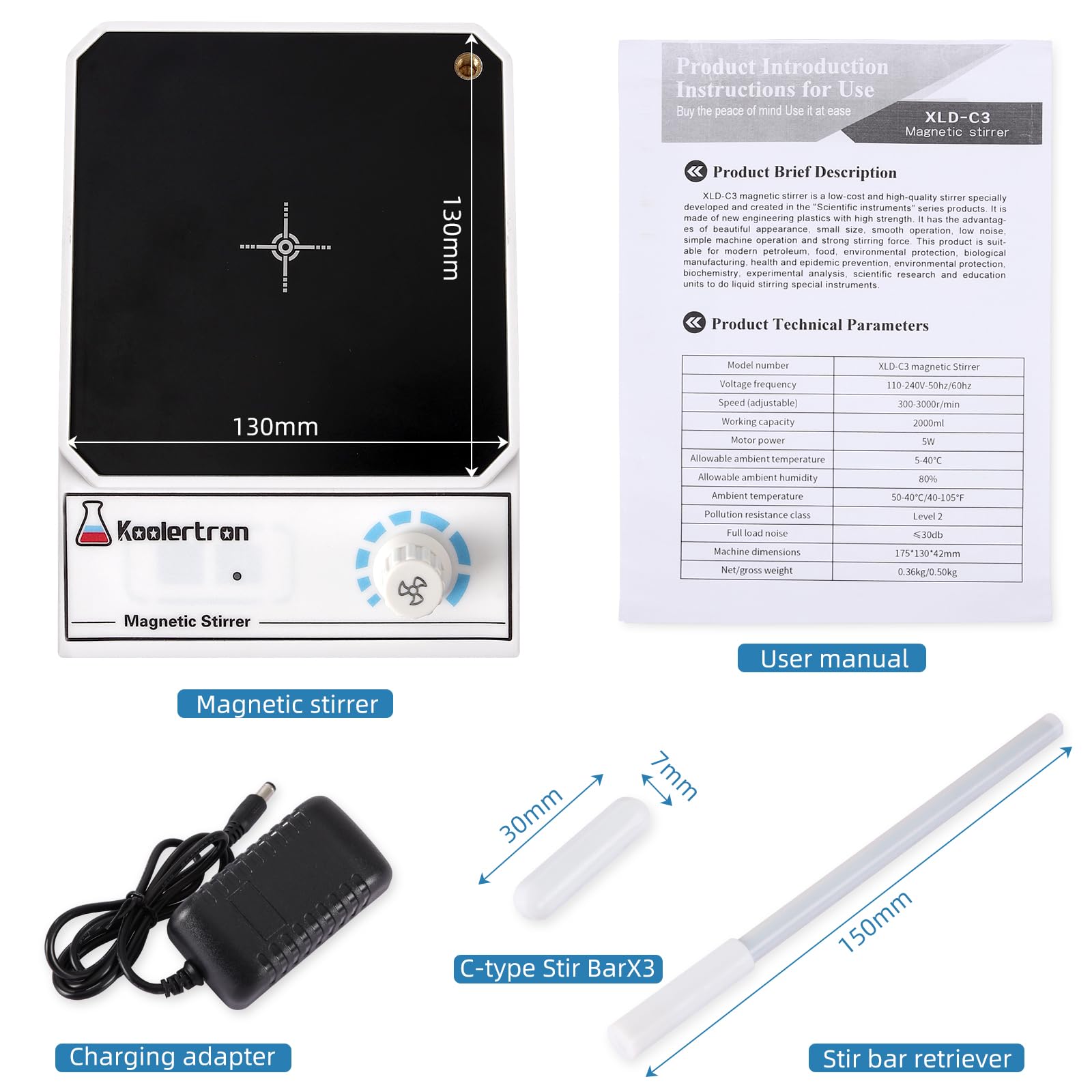 Koolertron 3000 RPM Magnetic Stirrer with 3 PCS Stir Bar and Stir Bar Retriever,Magnetic Stir Plate with Brushless DC Motor,Max Capacity 3000ml(No Heating)