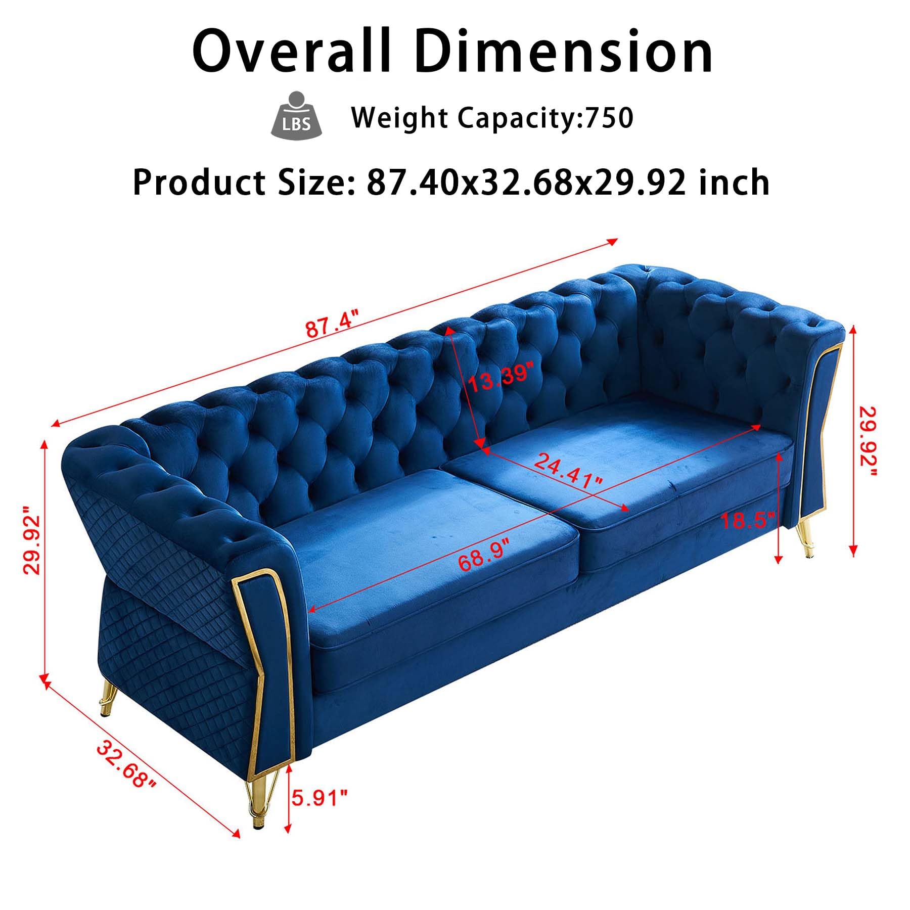 HRVEOCEI 87" Velvet Sofa with Gold Legs, Luxury Tufted Couch for Living Room,Chesterfield Sofa with Thick Cushion, Wide Armrest, High-Density Foam, Golden Metal Frame (Blue)