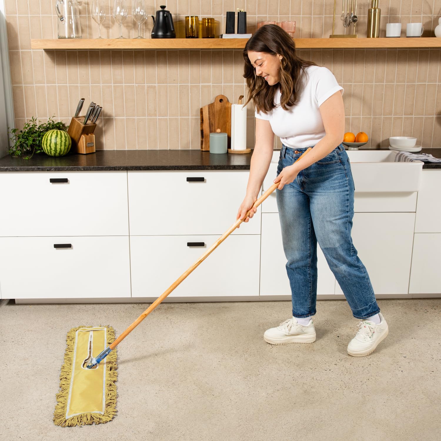 24 Inch Yellow Dust Mop with Wood Handle and 24 Inch Dust Mop Refill Bundle - 1 Mop Sets and 4 Refills