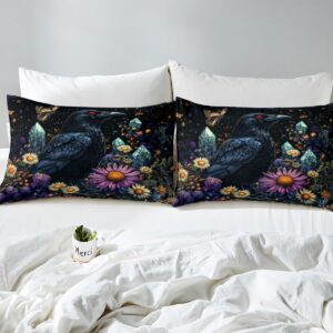 Erosebridal Crow Comforter Cover Full Size, Halloween Raven Bedding Set for Kids Teens Adult Women, Black Bird Animal Duvet Cover Flower Daisy Floral Quilt Cover Rustic Farmhouse Decoration