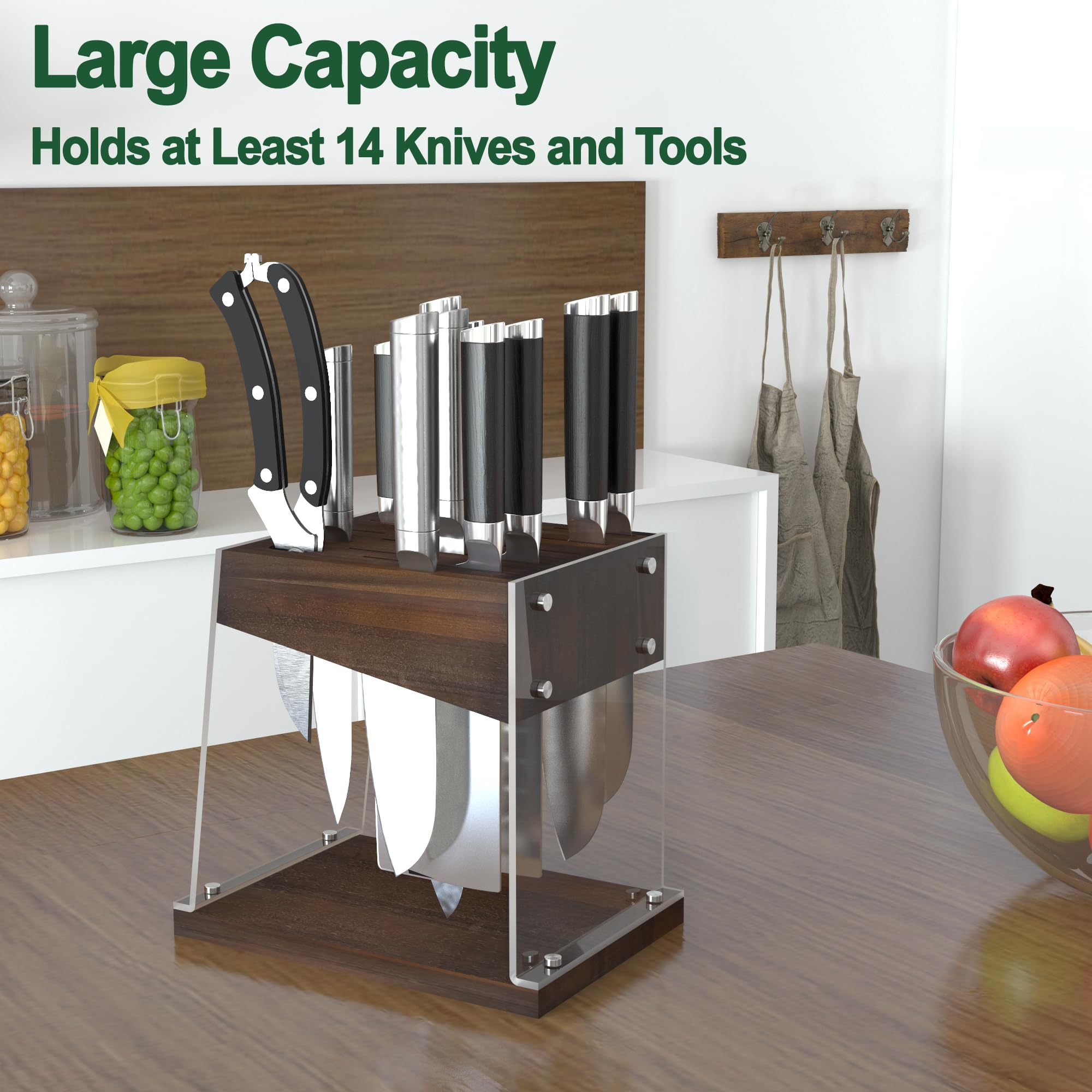 Universal Knife Block With Acrylic Shield, Acacia Wood Knife Holder without Knives for Scissors and Various Knives Suitable for Kitchen Countertops