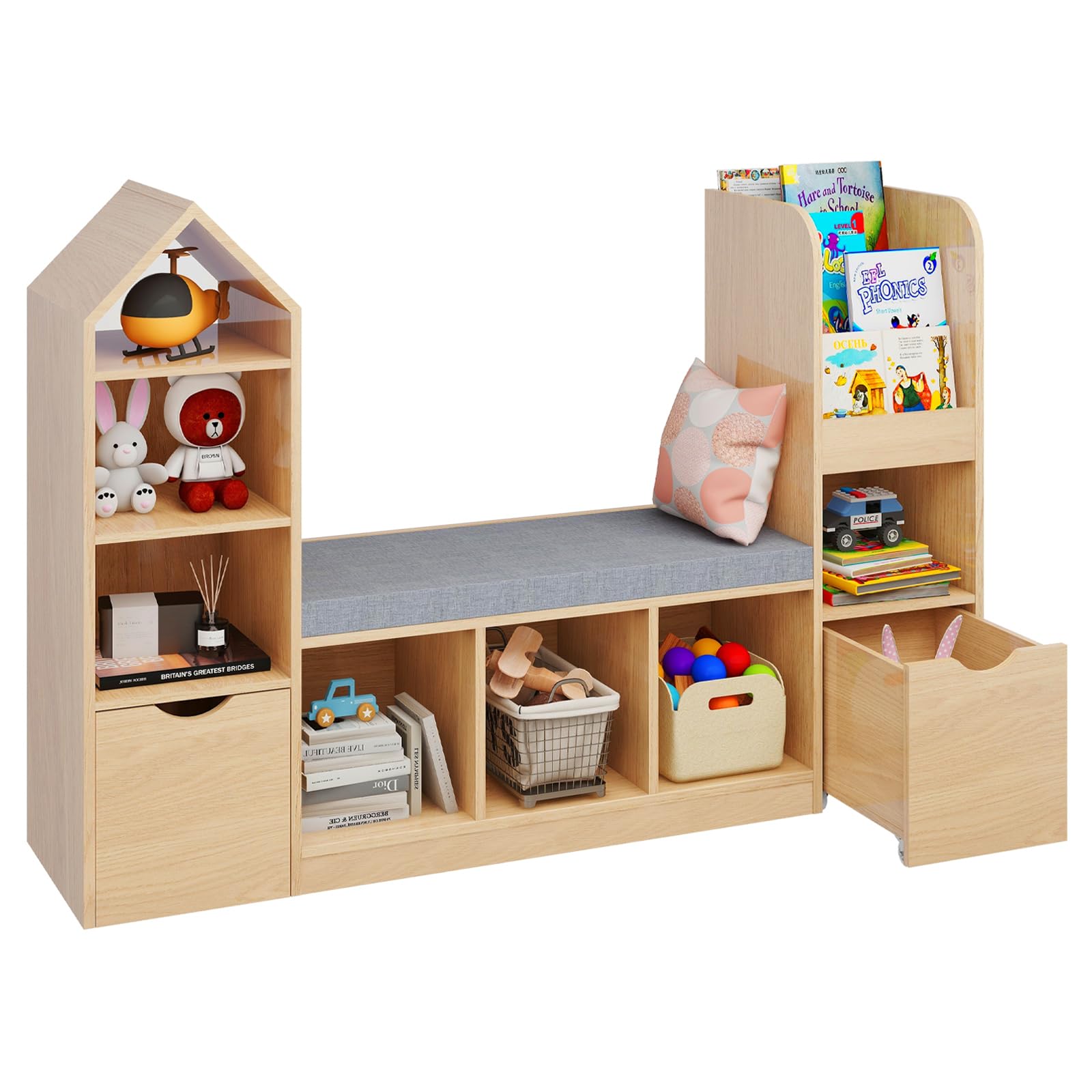 Kids Bookcase with Reading Nook, Bench Kids Bookshelf with 7 Storage Cubbies and 2 Movable Drawers, Multi-Purpose Toy Storage Organizer with Seat Cushion for Playroom, Bedroom, Living Room, Oak