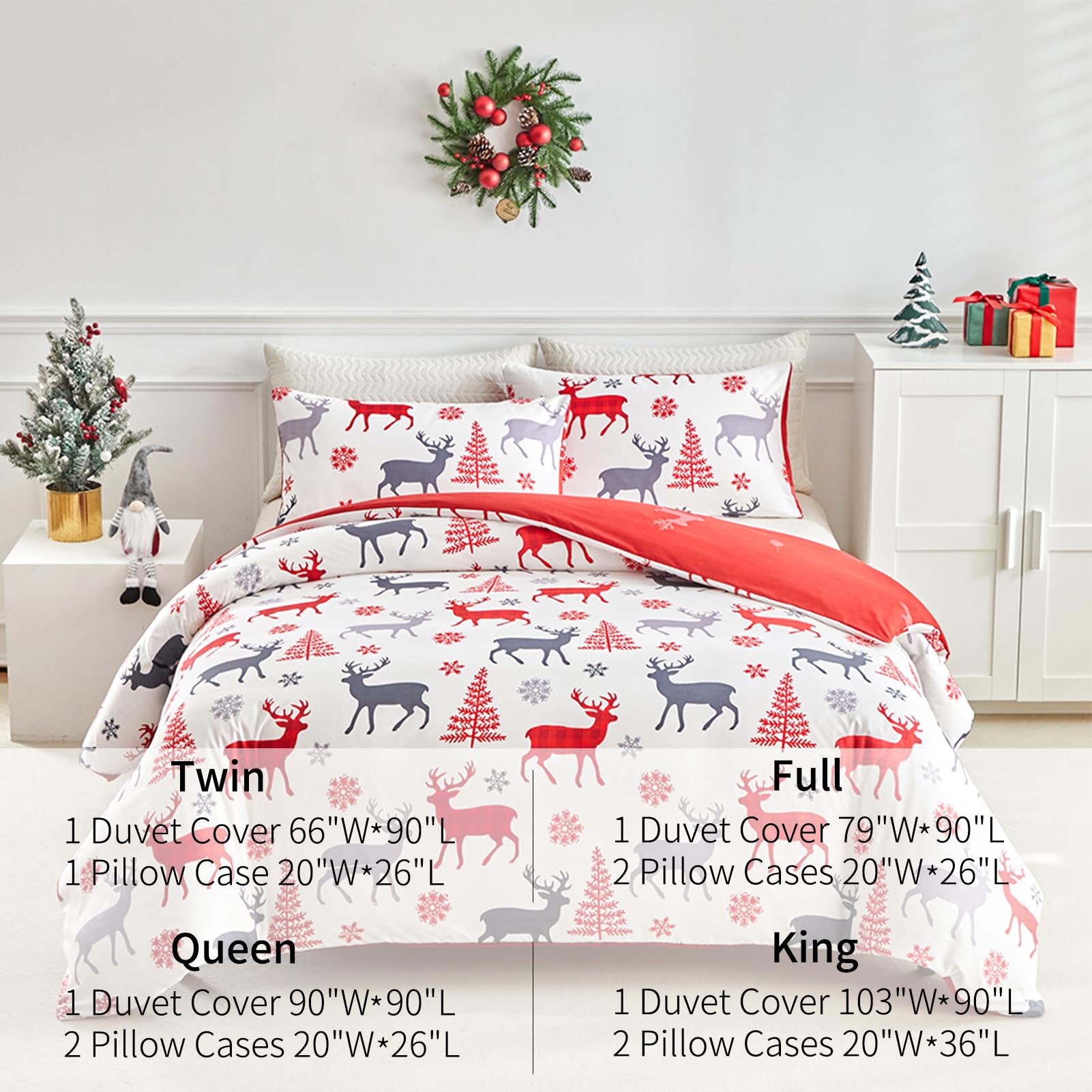 Rvciby Christmas Reindeer Duvet Cover Full Size,Soft and Breathable Microfiber Xmas Trees Pattern Printed Bedding Set,3 Pieces,1 Duvet Cover with Zipper Closure & Corner Ties and 2 Pillow Shams