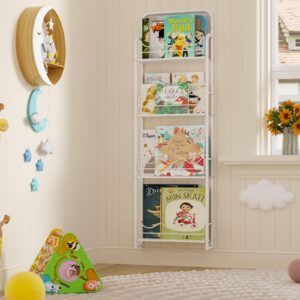 BBLIKE Kids Bookshelf for Wall - 4 Tier Wall Mounted Nursery Book Shelf, White Hanging Bookshelf for Books and Toys Storage, Wave Book Shelf Organizer for Kids Bedroom, Living Room（Wood Layer）