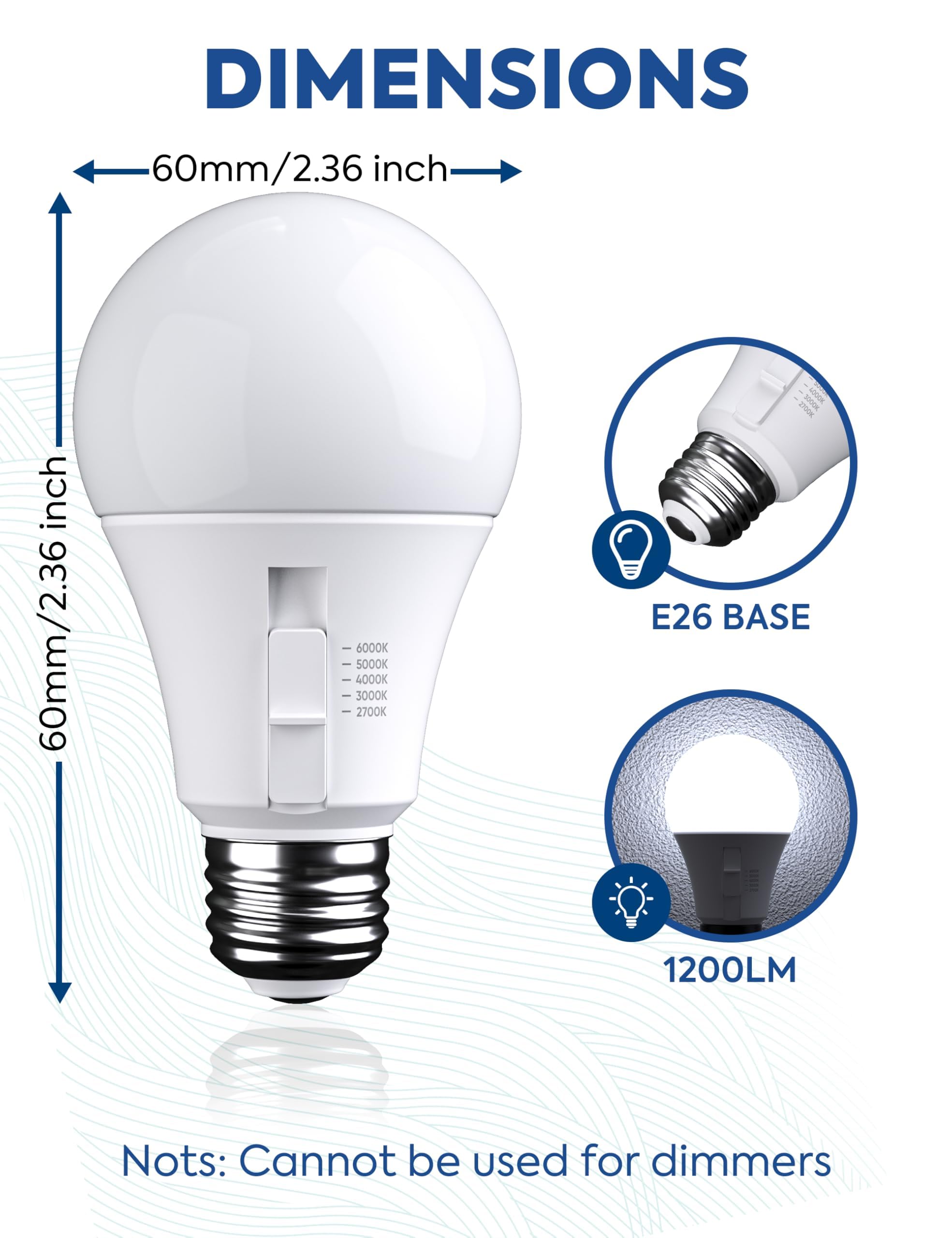 Nouscan Adjustable Light Bulb, 100W Equivalent, 5CCT A19 LED Light Bulb, E26 Base, 2700K 3000K 4000K 5000K 6000K, 1200LM, 13W E26 Medium Base Standard Light Bulb for Bedroom, Living Room, 4 Pack