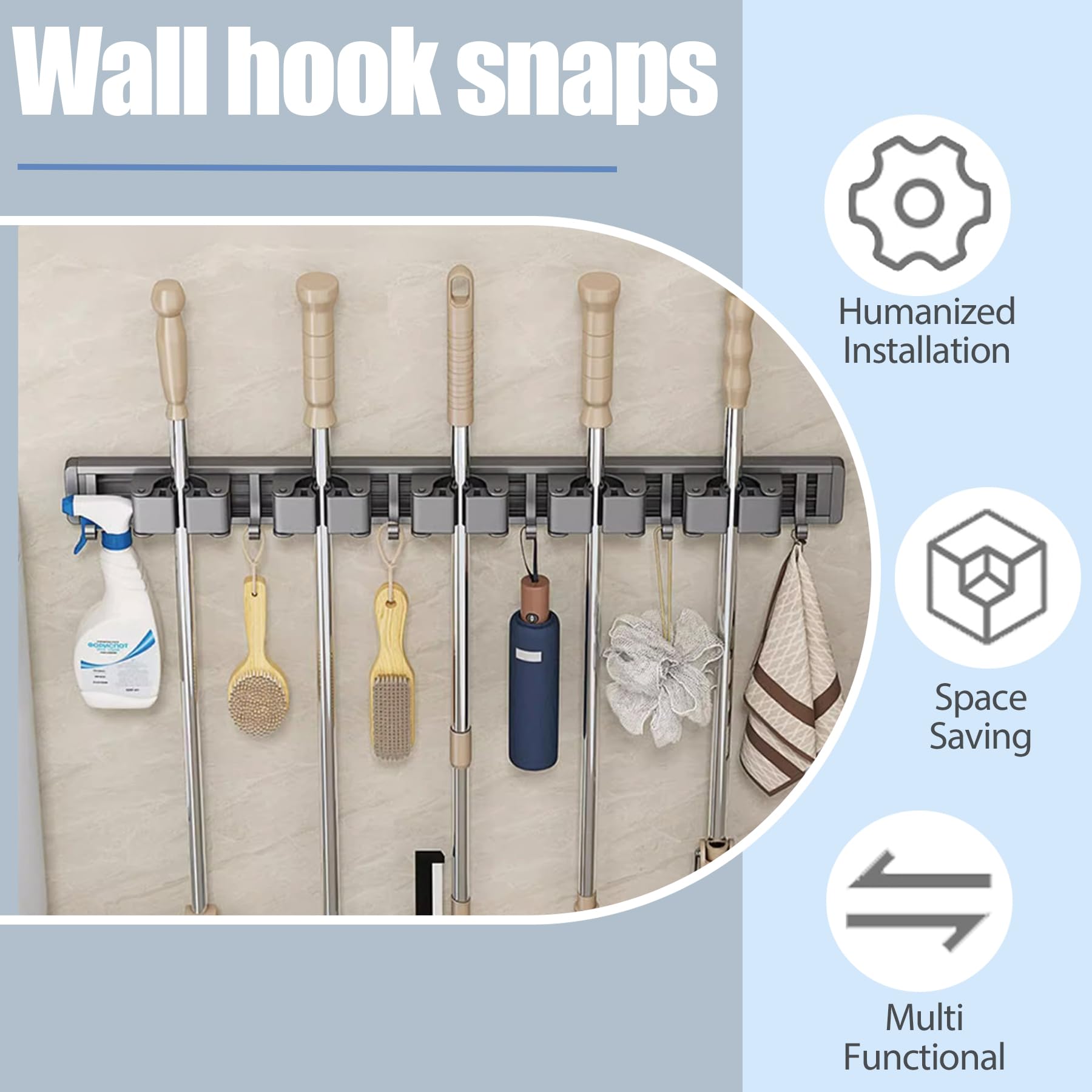 Broom Holder,Broom Hanger Wall Mount,Mop and Broom Holder Wall Mount,Removable and Adjustable Broom Holder Wall Mount,Non-Slip and Waterproof,Suitable for Home Kitchen Garage. (Grey)