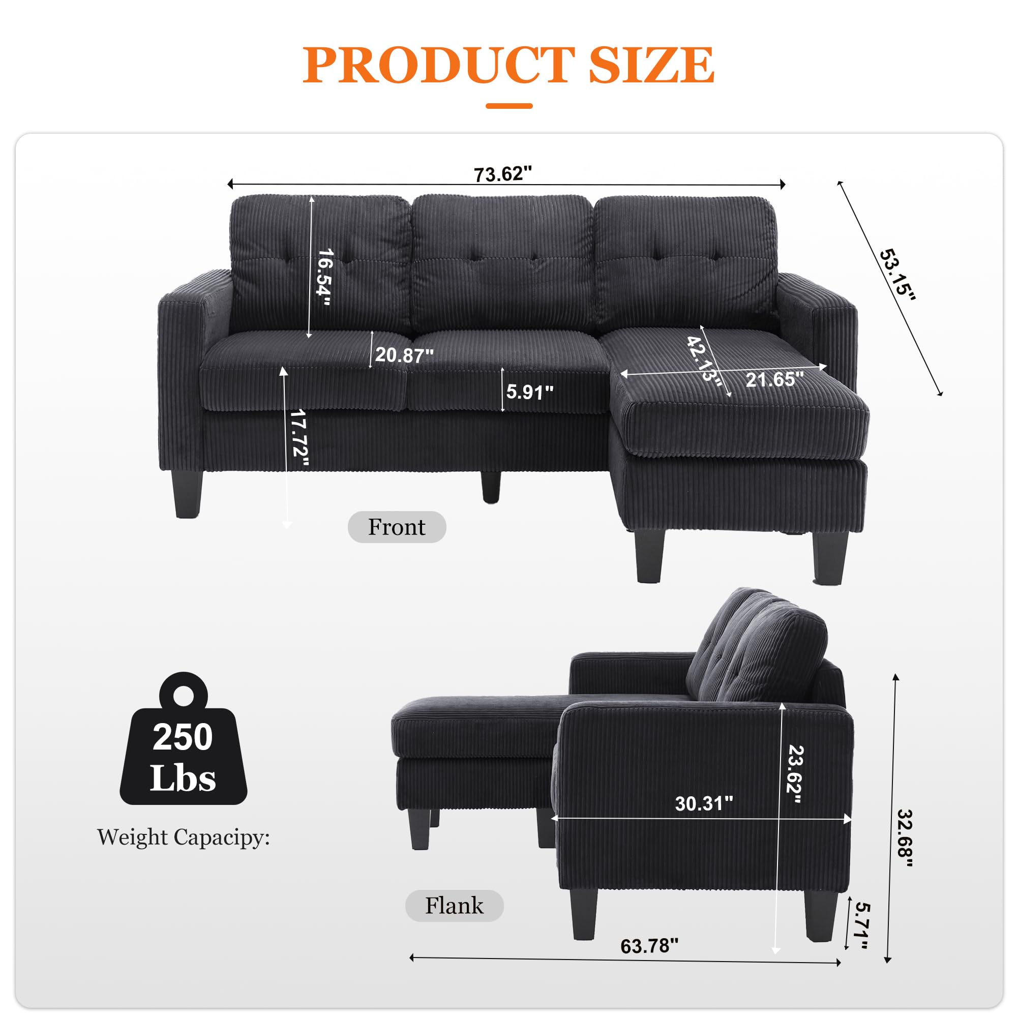 KYLE & KAY 73'' Convertible Sectional Sofa Couch, 3 Seat L-Shaped Sofa with Reversible Chaise, Small Couches for Small Spaces,Living Room, Apartment and Office, Black