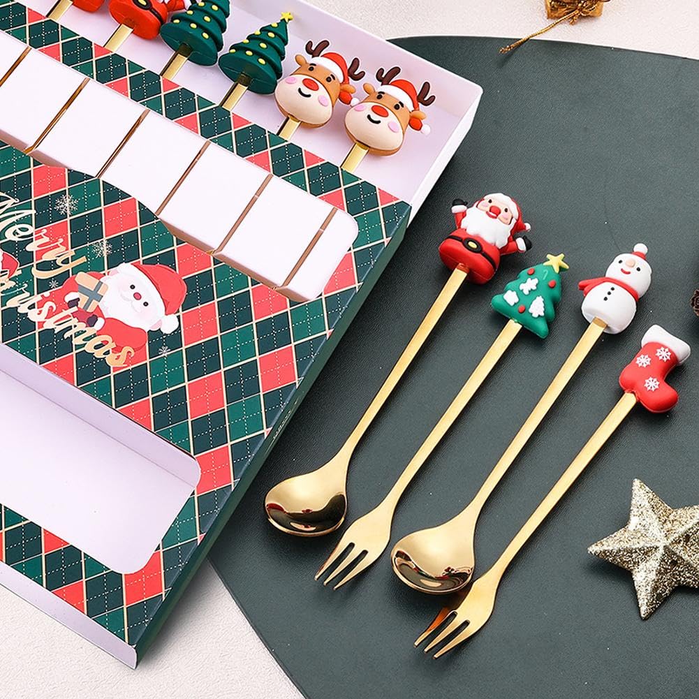 Christmas Cutlery Set, Stainless Steel Christmas Tree Tea Spoon for Home, Creative Christmas Coffee Spoons Forks Set, Christmas Dessert Spoon Ideal Gift for Kid Friend