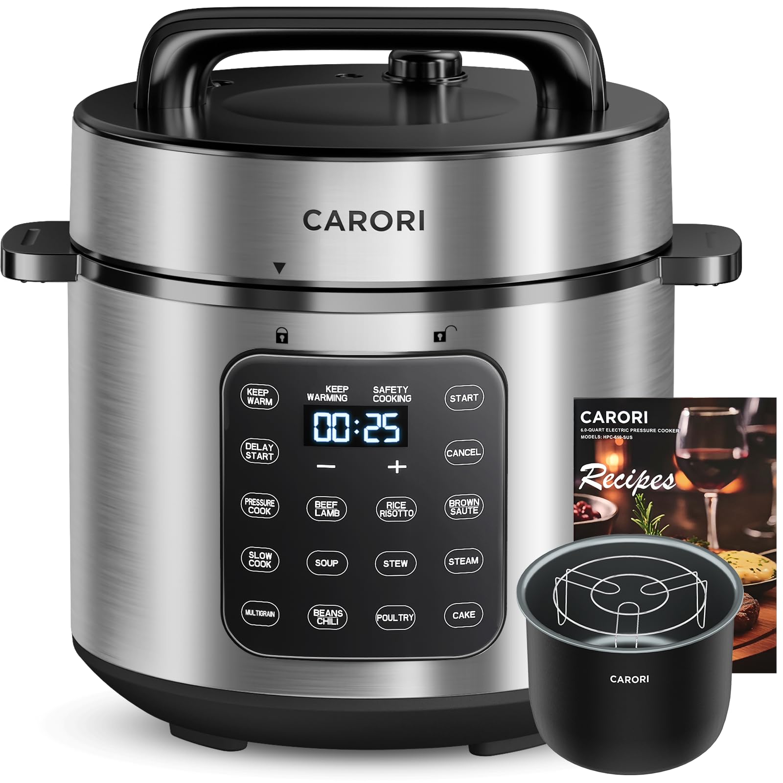 CARORI 9-in-1 Electric Pressure Cooker 6 Qt, Programmable Multi-Function Cooker with Safer Venting Design, Rice Cooker, Slow Cooker, Steamer, Sauté, Warmer & Sterilizer, 1000W, Stainless Steel