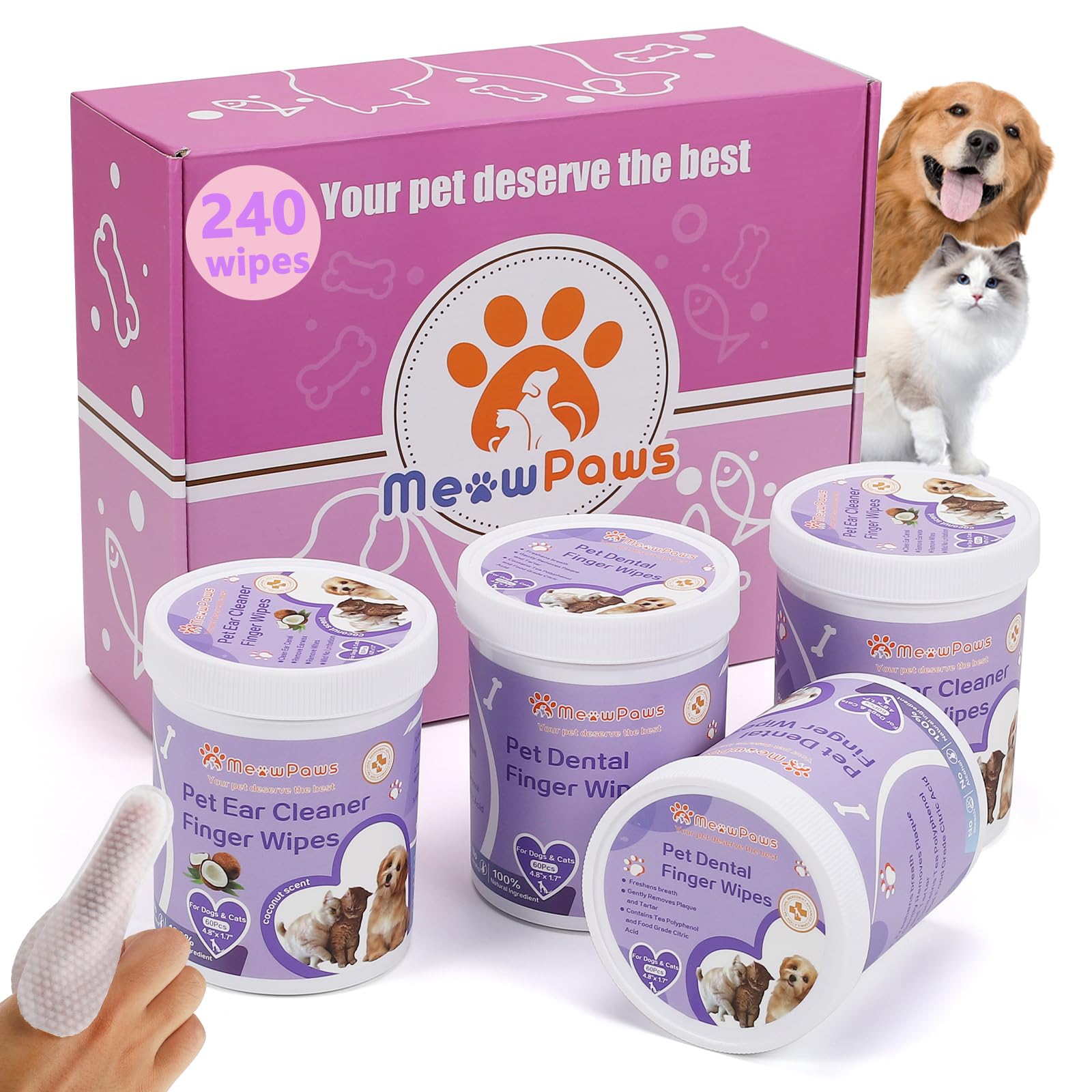 MeowPaws Dog Teeth Cleaning Wipes and Ear Wipes 240 Counts Gift Packaging, Pet Dental Finger Wipes for Dogs and Pet Ear Cleaner Finger Wipes, Gently Remove Ear Wax and Reduces Plaque, Freshen Breath