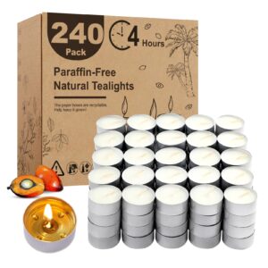 tealight candles 4 hours clean tea candles 240 pack, long burning white unscented tea candles for weddings, home, pool,shabbat