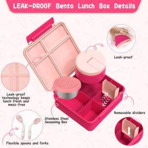 Kids Bento Lunch Box with 8oz Soup Thermo, Kids Leakproof Lunch Food Containers with 4 Compartment, Kids Insulated Hot Food Jar with Lunch Bag for School, Trvael (Pink)