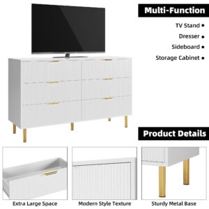 IDEALHOUSE White 6 Drawer Dresser for Bedroom, 56” Wide Wood Dresser Organizer with Metal Legs, Modern Chest of Drawers for Bedroom, Hallway, Home Office