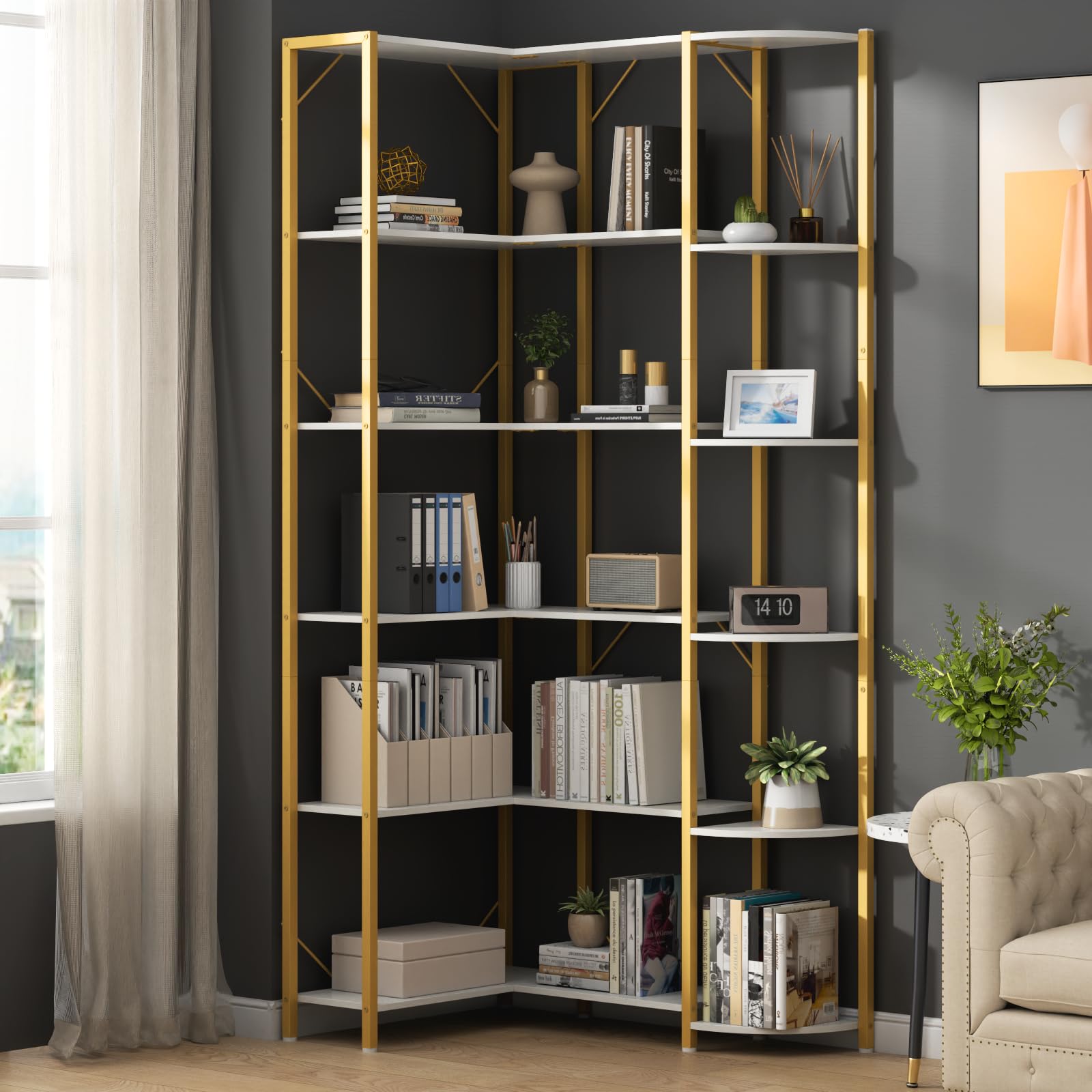 Loomie Gold Corner Shelf, 6-Tier 70.87" H Corner Bookcase, Tall Modern Corner Bookshelf Storage Display Rack, Open Book Case for Home Office & Living Room, Gold Finish Metal Frame & White Shelving