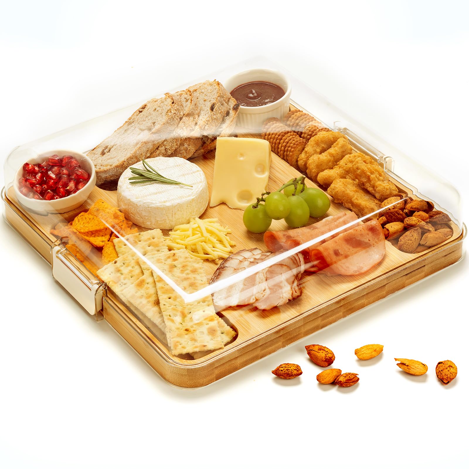 Combler Charcuterie Boards, Bamboo Charcuterie Board with Lid, Cheese Board with Buckle Locking, Sauce Grooves, Cutting Boards for Kitchen, House Warming Gifts New Home, Gifts for Women