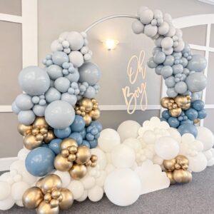 Dusty Baby Blue Gold Balloons,12 Inch Dusty Baby Blue Maca Blue White and Metallic Gold Balloons for Boy Baby Bridal Shower Birthday Gender Reveal Wedding Party Decorations