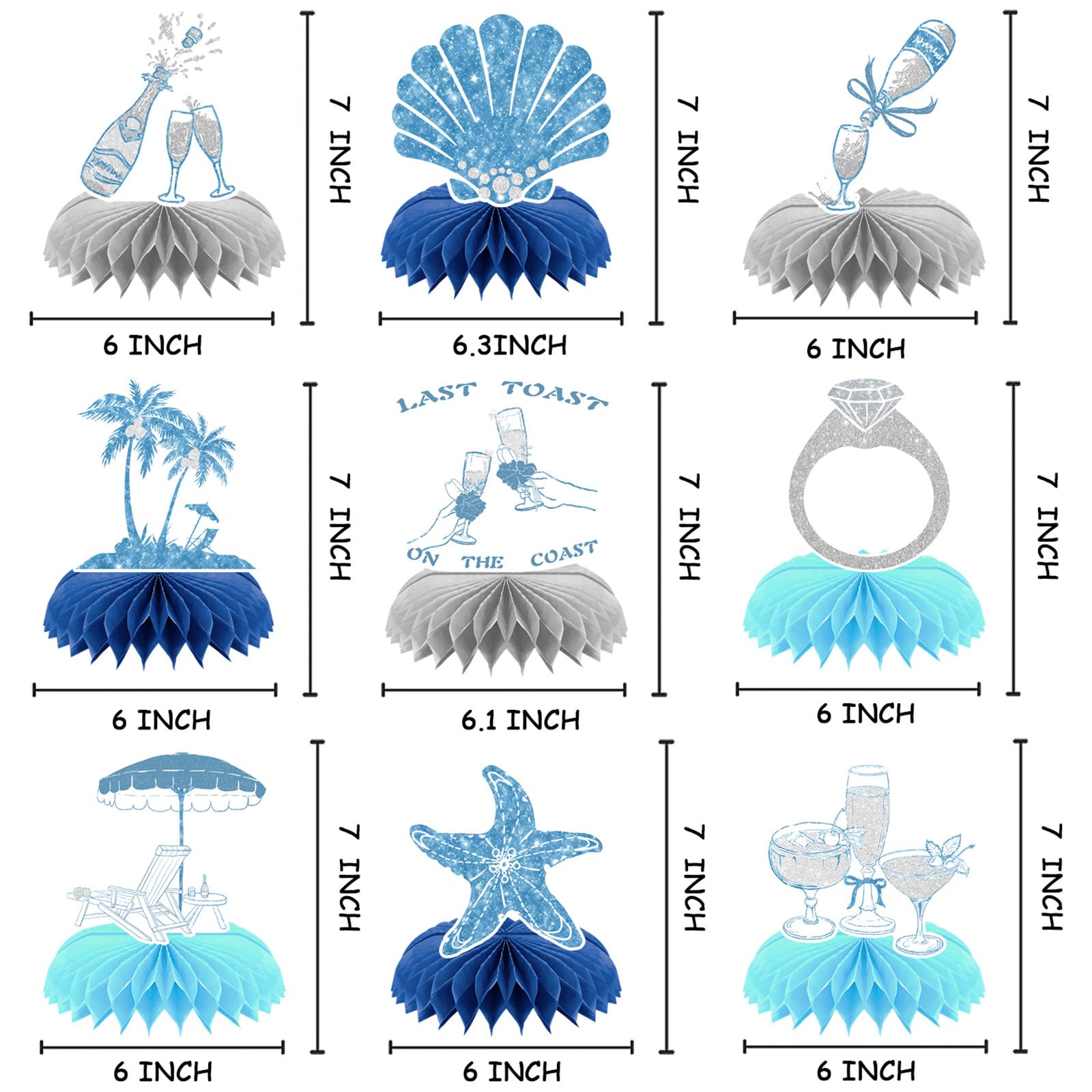 Last Toast On The Coast Bachelorette Party Honeycomb Centerpieces Decorations, Summer Blue Beach Pool Bridal Shower Diamond Ring Coastal Nautical Decor Supplies for Bride to be