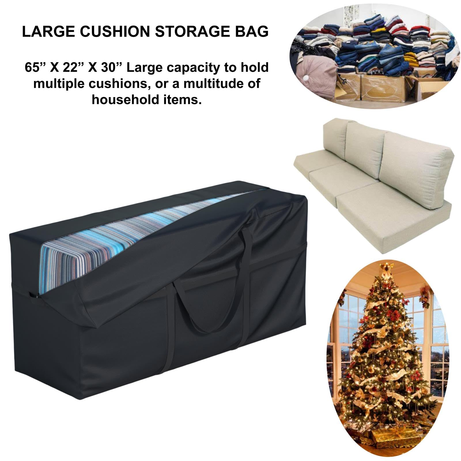 Heavy Duty 600D Waterproof Patio Extra Large Outdoor Cushion Furniture Storage Bag with Handles with Zipper L 65“ x W 22” x H 30”, Storage Bag with Waterproof Cover