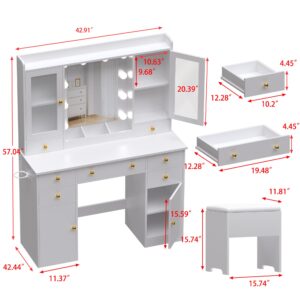 Wodeer Vanity Desk with Lighted Mirror & Power Strip,Makeup Vanity Table with RGB LED Lights & Chair,White Dressing Table Set with 7 Drawers & 2 Cabinet for Girls Women Bedroom & Dressing Room,White