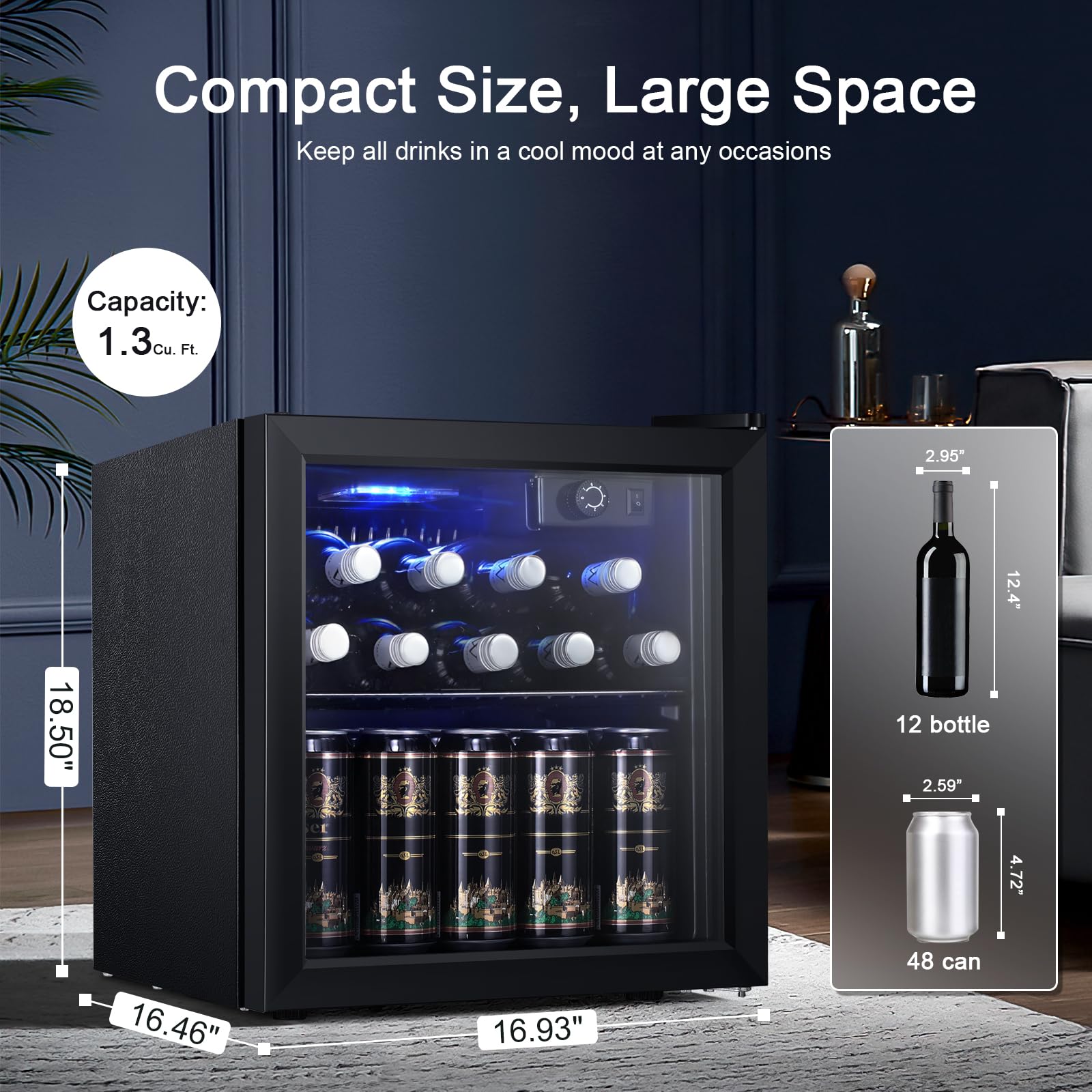 Antarctic Star 12 Bottle 48 Can Wine Cooler Beverage Refrigerator Mini Fridge Low Noise Clear Glass Door Counter Top Cellar for Beer Soda Bar 1.3 cu.ft Black