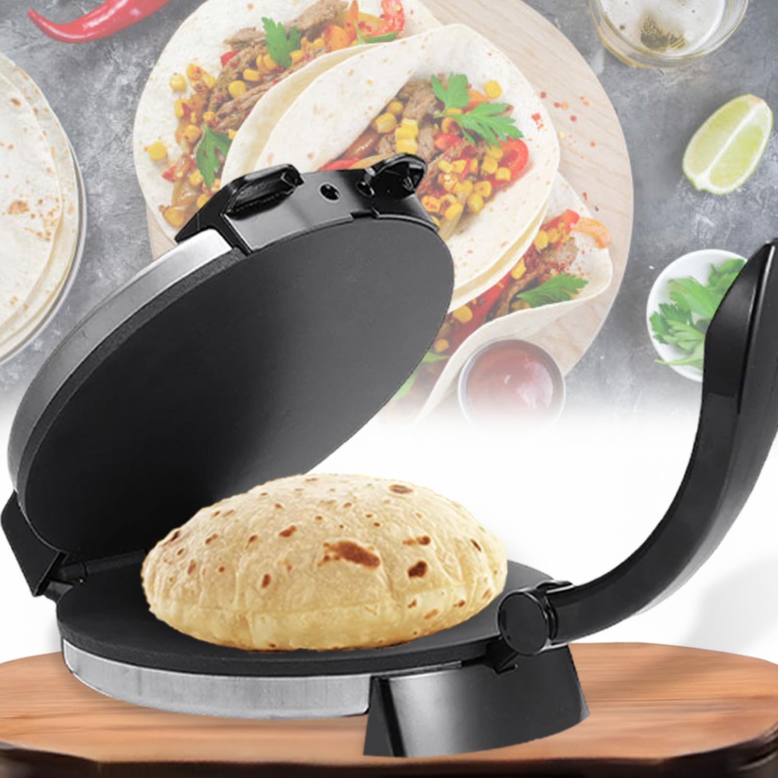 Electric Tortilla Press, Roti Maker Electric Indian Electric Tortilla Maker 10 Inch Electric Flour Tortilla Maker Quesadilla Maker, Double-sided Heating, Non-stick Coating