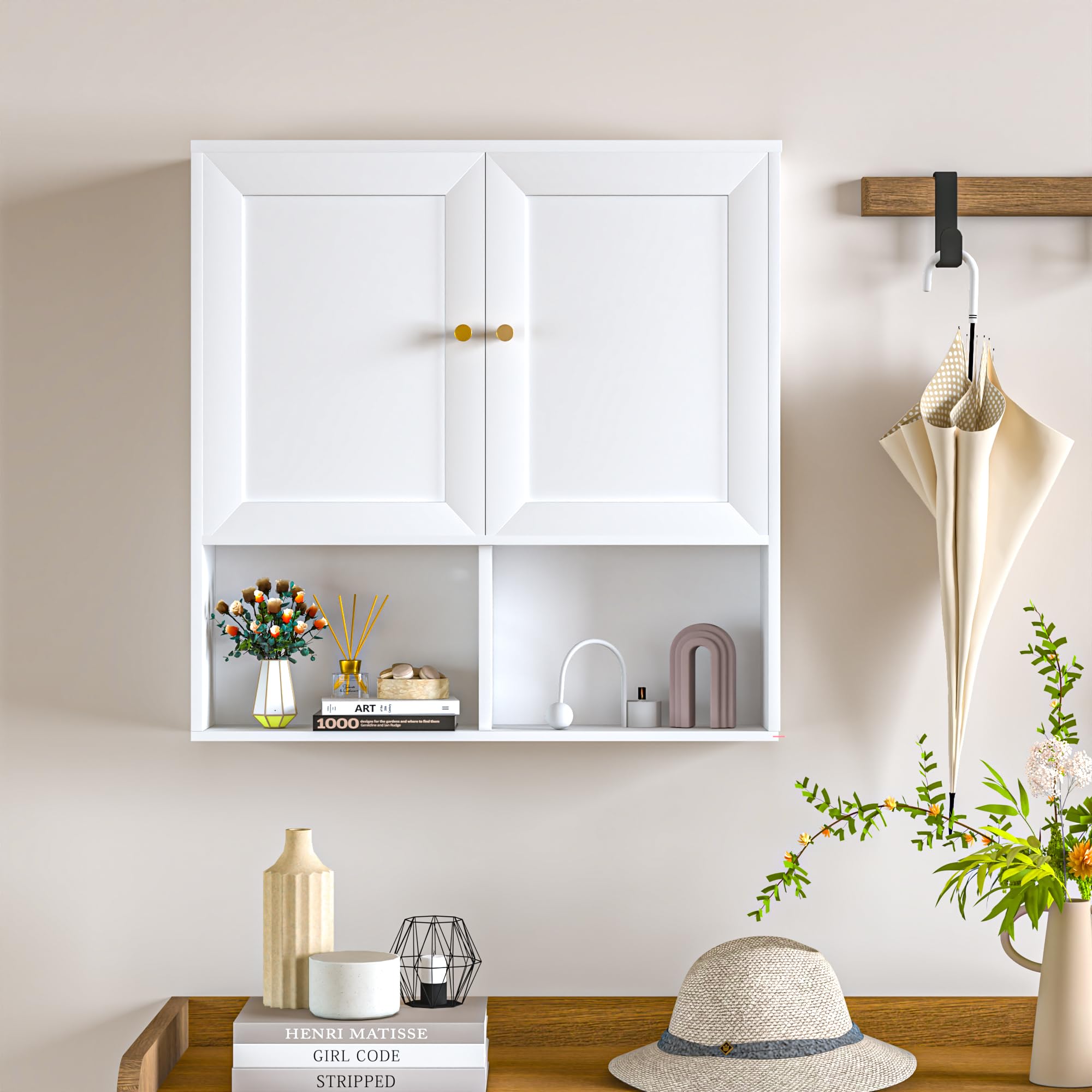 Azheruol Bathroom Wall Cabinet, Medicine Cabinet with 2 Door and Adjustable Shelves,3-Tier Wood Hanging Storage Over The Toilet,White Wall Mounted Cabinet for Bathroom, Kitchen,Laundry Room